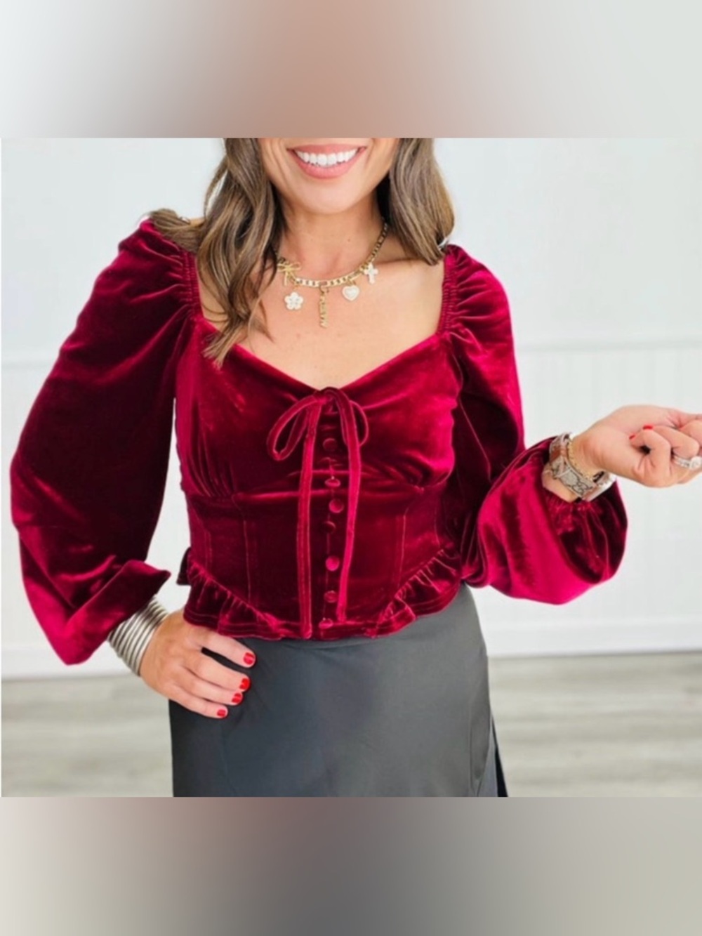 Blu Pepper Large Velvet Tie-Front Long Sleeve Crop Top in Deep Berry-NWOT